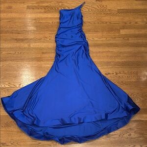 B Darlin Blue Asymmetrical Ruched One Shoulder Gown